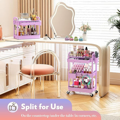 Makeup Cart Organizer with Drawers, Floor Skincare Organizers Vanity Storage Organizer, Rolling Makeup Bathroom Storage Cart Cosmetics Display Cases for Skin Care Perfume Nail Polish, Purple