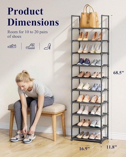 Kitsure Shoe Rack - 10-Tier Shoe Organizer with Detachable Fabric Shelves & Metal Frame, Tall Shoe Rack for Closet, Entrance, Living Room, 16.9" Wide - 10 Tier, Black