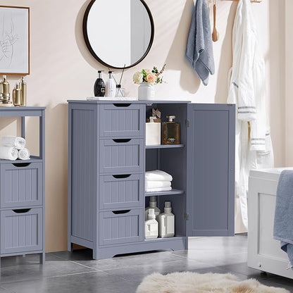 Yaheetech Large Bathroom Floor Cabinet with 4 Dawers and Single Door Cabinet, Freestanding Storage Cabinet for Living Room Kitchen Hallway, Gray