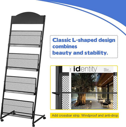 18.9''W Floor-Standing Magazine Display Rack, Rolling Journals, Brochure & Newspaper Stand, Literature Holder for Trade Shows, Exhibitions, & Offices, Black