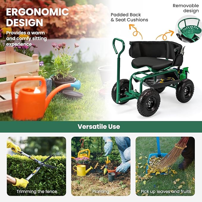 Giantex Rolling Garden Cart, 360 Swivel Workseat with 4 Wheels, Removal Cushion & Tool Tray, Storage Basket, Gardening Wagon Scooter with Adjustable Height, Handle (Green)