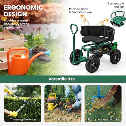 Giantex Rolling Garden Cart, 360 Swivel Workseat with 4 Wheels, Removal Cushion & Tool Tray, Storage Basket, Gardening Wagon Scooter with Adjustable Height, Handle (Green)