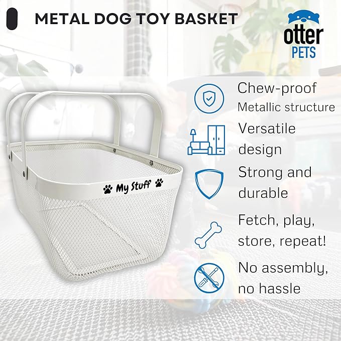 Dog Toy Basket Metal Mesh Metal, Chew Proof, 16 (L) x 9.5 (W) x 7 (H) inches White Dog Toy Bin, Sturdy Pet Toy Basket