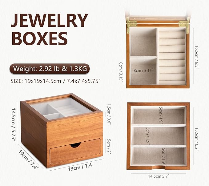 Jewelry Box with Glass Lid, 2 Layer Jewelry Organizer for Women, Solid Wooden Jewelry Box Display for Ring Earrings Necklace Bracelet, Pine Wood Jewelry Boxes Vintage Style for Gifts