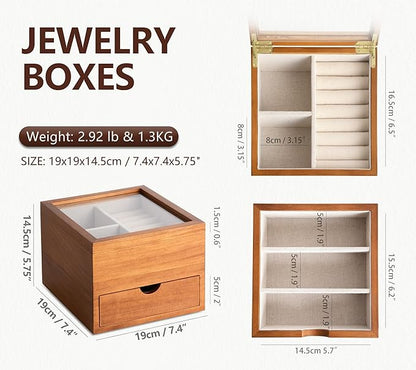 Jewelry Box with Glass Lid, 2 Layer Jewelry Organizer for Women, Solid Wooden Jewelry Box Display for Ring Earrings Necklace Bracelet, Pine Wood Jewelry Boxes Vintage Style for Gifts