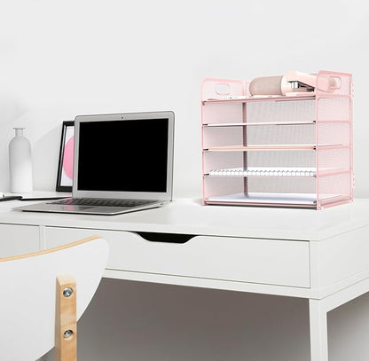 Sinboun Letter Tray Paper Organizer 5-Tier Desk Organizer File Organizer Paper Holder with Handle, Metal Desktop Document Shelf Tray Office Classroom Organization - Pink, PK5CENGTISHOU