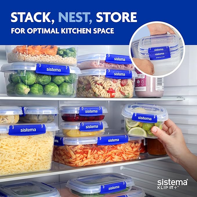 Sistema KLIP IT PLUS Food Storage Containers | 3.35 L | Leak-Proof, Stackable & Airtight Fridge/Freezer Containers with Lids | BPA-Free Plastic | Blue Clips | 3 Count