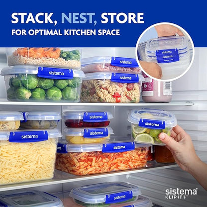 Sistema KLIP IT PLUS Food Storage Containers | 3.35 L | Leak-Proof, Stackable & Airtight Fridge/Freezer Containers with Lids | BPA-Free Plastic | Blue Clips | 3 Count