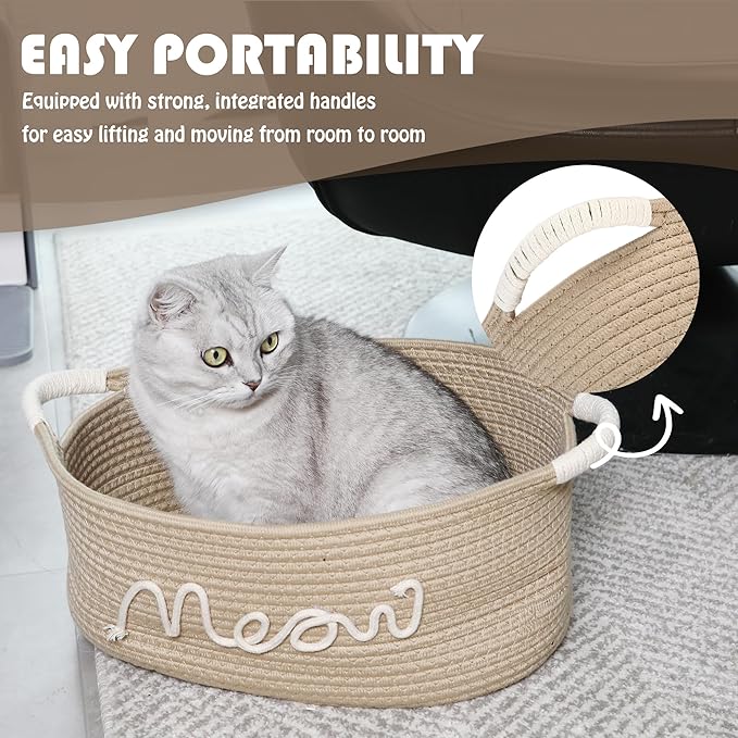 Sea Team Cat Toy Storage Basket with Handles, 16.5 x 11 x 7 Inches, 4.4 Gallons Large Cotton Rope Storage Bin, Shelf Basket, Organizer for Pet Chew Toys, Foods, Beige Meow