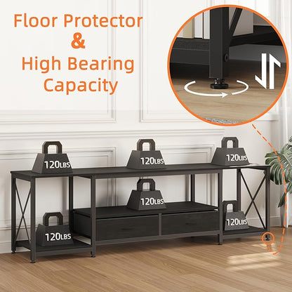 GYIIYUO TV Stand with Fabric Drawers for 75 80 Inches TV - Entertainment Center and Industrial TV Console Table with Open Storage Shelves for Living Room, Bedroom- 71.5" Black