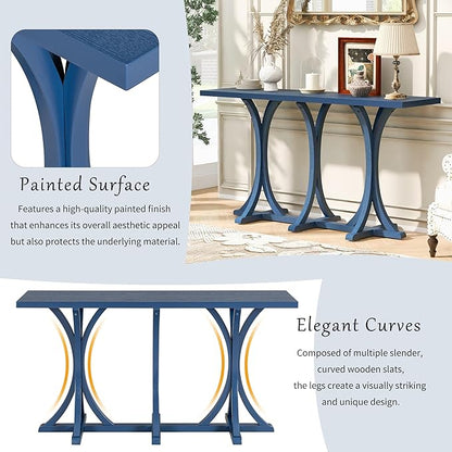59.8" Wooden Console Table with Oak Veneer Top,Farmhouse Entryway Table with Rubber Wood Slender Curved Legs,Perfect for Living Room,Entryway,Hallway,Navy Blue