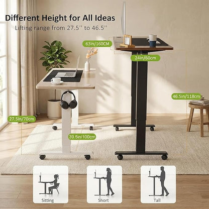farexon Electric Standing Desk 63 x 24In with Outlets, Adjustable Height Stand up Desk with Large Mouse Pad, Double Hooks and 4 Wheels, 27''-46'' Lifting Range, Easy to Set for Home/Office(Oak)