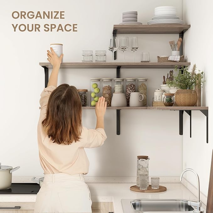 Fun Memories Floating Shelves for Wall, 12 Inch Deep Floating Shelves Set of 2, Wall Mounted Shelf with Metal Brackets, Rustic Wood Wide Shelf for Bathroom, Kitchen and Living Room, Grey, 16W x 12D