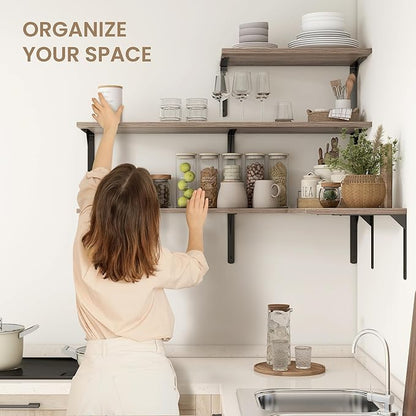 Fun Memories Floating Shelves for Wall, 12 Inch Deep Floating Shelves Set of 2, Wall Mounted Shelf with Metal Brackets, Rustic Wood Wide Shelf for Bathroom, Kitchen and Living Room, Grey, 16W x 12D
