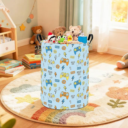 HUNRUNG Laundry Hamper,Large Canvas Fabric Lightweight Storage Basket Toy Organizer Dirty Clothes Collapsible Waterproof for College Dorms（Round-Color Game）