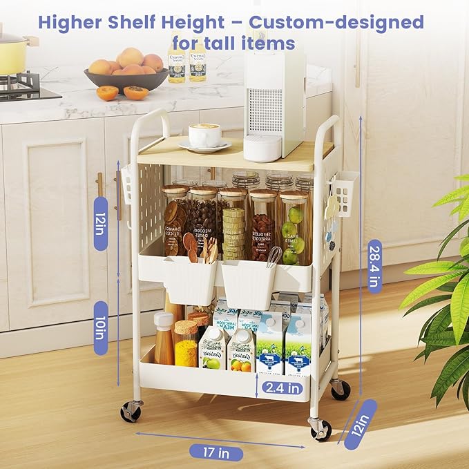 danpinera 3 Tier Rolling Cart with Wooden Table Top, White Rolling Utility Cart with DIY Pegboards & Locked Wheels, Easy Assembly for Nursery, Living Room, Studio
