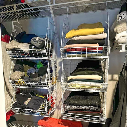 X-cosrack 3 Tier Foldable Closet Organizer, Clothes Shelves with 5 S Hooks, Wall Mount&Cabinet Wire Storage Basket Bins, for Clothing Sweaters Shoes Handbags Clutches Accessories-White Patent Design