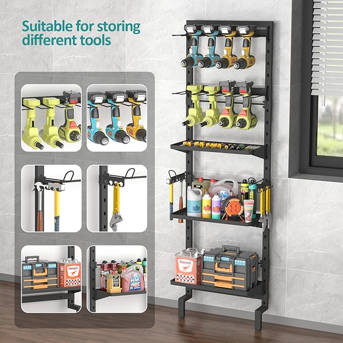 Bukfen Garage Tool Storage Rack, Wall Mount 5-Tier Heavy Duty Metal Organizer with 8 Drill Holder Slots, Adjustable Shelves, Side Hooks Workshop Utility 1 Pack Black Vertical Space-Saving Organization