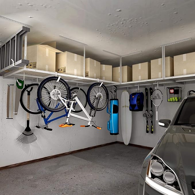 FLEXIMOUNTS 2-Piece Overhead Garage Storage Rack Set w/Hooks Adjustable Ceiling Storage Rack, 96" Length x 48" Width x 40" Height, 2 pcs, White, Classic Series