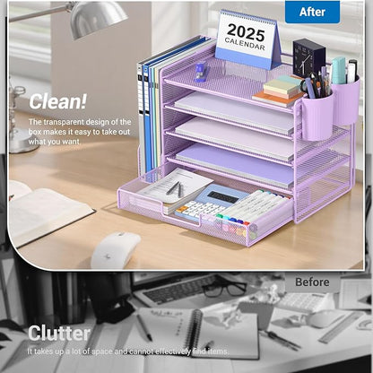 OPNICE Desk Organizer, 5-Tier Paper File Organizer with Drawer & Pen Holder, Office Desk Accessories, Workspace Desktop Organizer for Office Supplies(Purple)