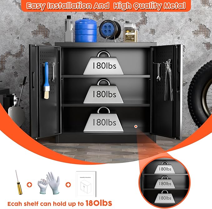Aobabo 31.5" H Garage Storage Cabinet with 2 Shelves, Metal Cabinet with Lock and 4 Hooks for Home Office Garage, Black, Assembly Required