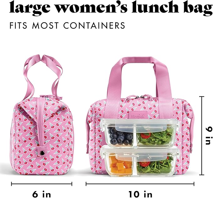 Fit & Fresh Neoprene Lunch Bag For Women, Insulated Womens Lunch Bag For Work, Tear & Stain Resistant Large Lunch Box For Women With Containers and Ice, Machine Washable Remi Bag, Sweet Pink Block