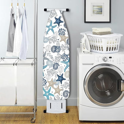 Extra Thick Ironing Board Cover and Pad, Coral Starfish Coastal 15x54 Ironing Board Cover, Resist Scorching and Staining,Elastic Edges,Nautical Blue Conch Ocean Theme
