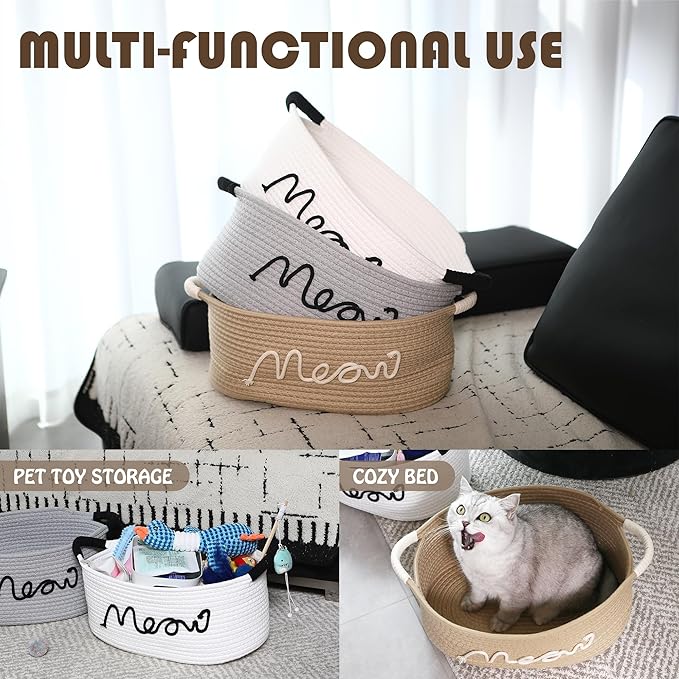 Sea Team Cat Toy Storage Basket with Handles, 16.5 x 11 x 7 Inches, 4.4 Gallons Large Cotton Rope Storage Bin, Shelf Basket, Organizer for Pet Chew Toys, Foods, Beige Meow