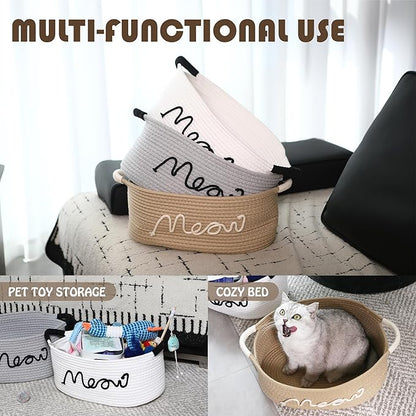 Sea Team Cat Toy Storage Basket with Handles, 16.5 x 11 x 7 Inches, 4.4 Gallons Large Cotton Rope Storage Bin, Shelf Basket, Organizer for Pet Chew Toys, Foods, Beige Meow
