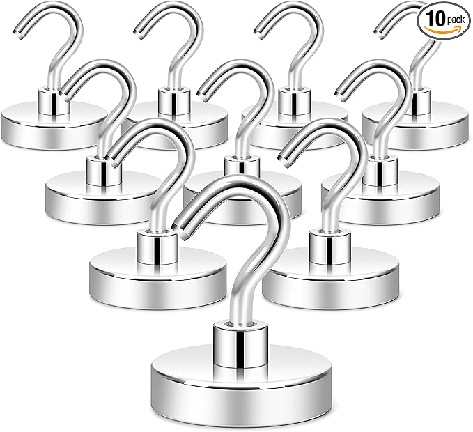 Neosmuk Magnetic Hooks, Heavy Duty 130lb Strong Magnet Hook for Cruise Cabins, Cruise Ship Essentials for Hanging, Metal Wall Refrigerator Hangers (Silver White, 10 Pack)