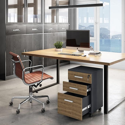 Modern Design Lazio File Cabinet, Filing Cabinets for Home Office, Drawers for Under Desk, Locking 3 Drawer Rolling Wood Filing Cabinet with Lock, Walnut and Black, by Crafts and Comfort