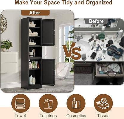 67" Tall Narrow Storage Cabinet Metal Bathroom Cabinet with 2 Doors & 4 Adjustable Shelves, Standing Pantry Cabinets Cupboard for Kitchen, Dining Room, Living Room and Bathroom (Black)