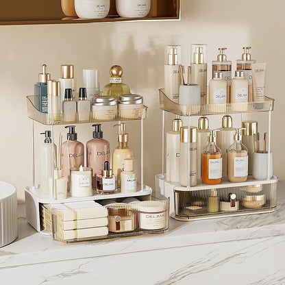 Delamu 2PCS Bathroom Counter Organizer with Drawer, Multi-Purpose 3-Tier Makeup Organizer Countertop for Vanity, Large Cosmetic Display Case Perfume Tray Skincare Organizers, Amber