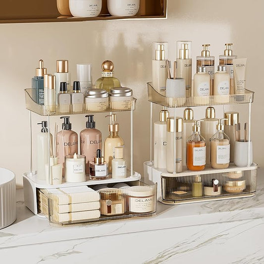 Delamu 2PCS Bathroom Counter Organizer with Drawer, Multi-Purpose 3-Tier Makeup Organizer Countertop for Vanity, Large Cosmetic Display Case Perfume Tray Skincare Organizers, Amber