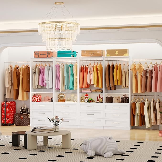 Closet System with 2 Sets, 4FT-10FT Customizable Closet Organizer System with 6 Wooden Drawers & 2 Shelves, Walk-in Closet or Freestanding Tower Closet Storage System with 4 Hanging Rods, White