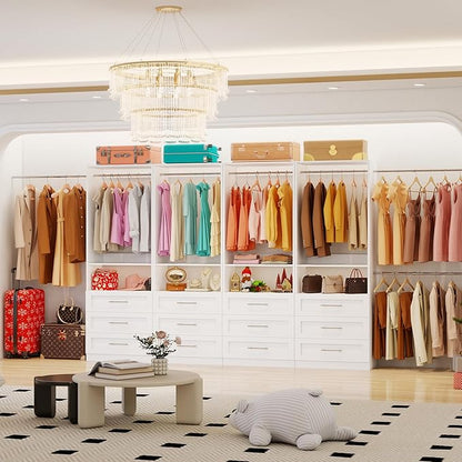 Closet System with 2 Sets, 4FT-10FT Customizable Closet Organizer System with 6 Wooden Drawers & 2 Shelves, Walk-in Closet or Freestanding Tower Closet Storage System with 4 Hanging Rods, White