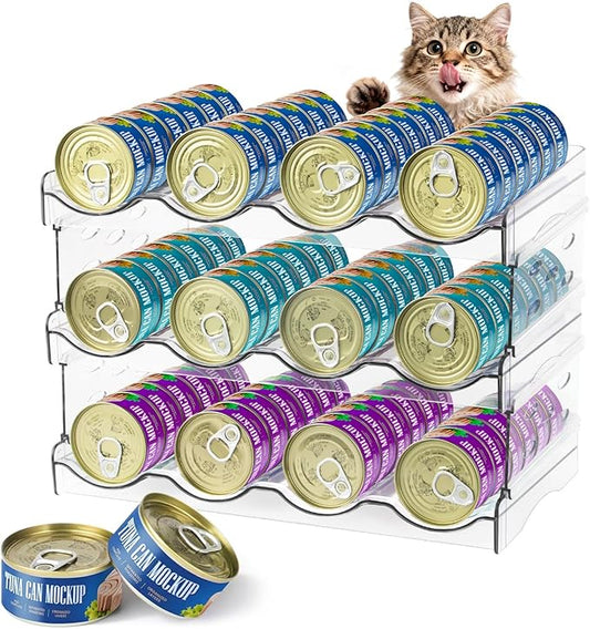 Cat Food Can Organizer, Can Organizer for Pantry, Transparent Cat Food Storage Container Holds 72 (3.5oz) Cans, Canned Food Organizer and Storage for Countertop Kitchen Cabinet (4 Tier-3 Layer)