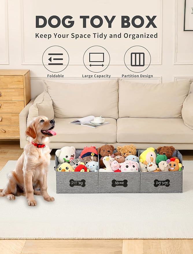 Qozary Large Dog Toy Basket with Diy Tag - Collapsible Dog Toy Bin, Fabric Personalized Storage Box, Trapezoid Storage and Organizer for Pet Supplies (Gray, Extra Large 47"x13.4")