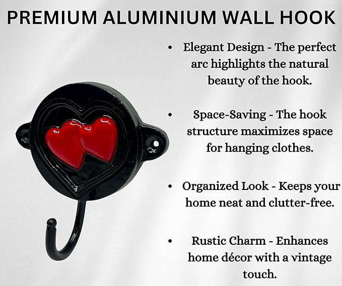 Aluminium Heart Print (1-Pack) Single Wall Hooks, Black Heart Themed Hooks for Hanging Leash, Dog Harness, Wall Mount Hanger, Organization Decorative Wall Hook (Heart)
