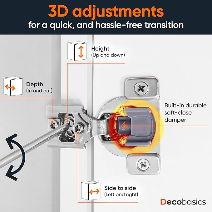 Decobasics 4 Pack Soft Close Cabinet Hinges – 7/16" Overlay for Kitchen Cabinet Doors, Face Frame Concealed Hidden Hinges – Stainless Steel, Self-Closing with 3-Way Adjustment & Slow Close Damper