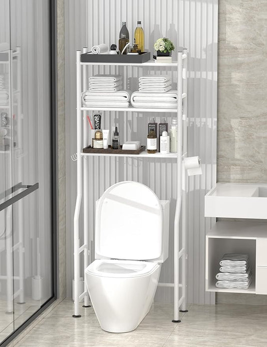 3-Tier Over The Toilet Storage, Freestanding Metal Bathroom Shelves with 4 Hooks, Over Toilet Storage Shelf with Paper Holder, Above The Toilet Shelf for Bathroom Storage, White