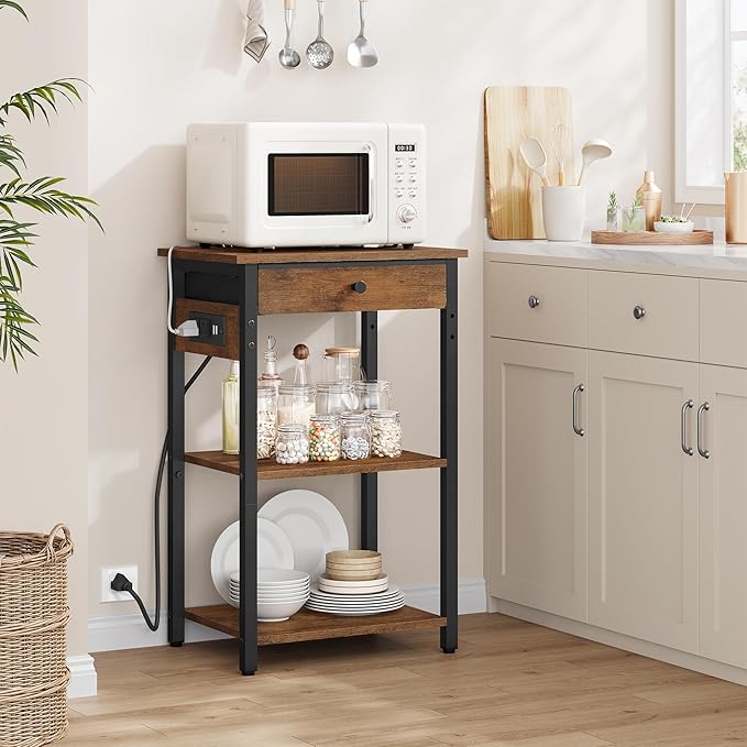Printer Stand with Charging Station, 3-Tier Under Desk Printer Table, End Table with Storage Shelves for Home Office, Living Room,Bedroom,Bathroom,Brown