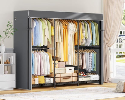 E14C Pro Heavy Duty Closet Organizer System，Freestanding Clothing Racks for Hanging Clothes，Adjustable Garment Rack 70.1"W × 16.6"D × 76.4"H Hold 960 lbs，Black Rack with Grey Dustproof Cover
