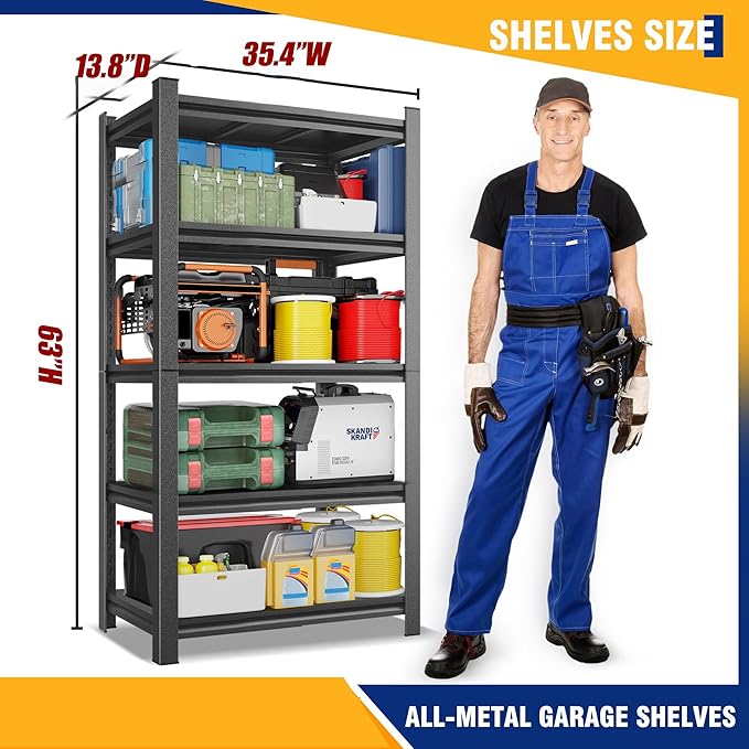 Garage Shelving Unit RustproofHeavy Duty Storage Shelves Easy Assembly Adjustable Metal Steel Utility Shelf Rack Garage Storage Organize for Tools,Basement,Warehouse,63" Hx35.4 Wx13.8 D