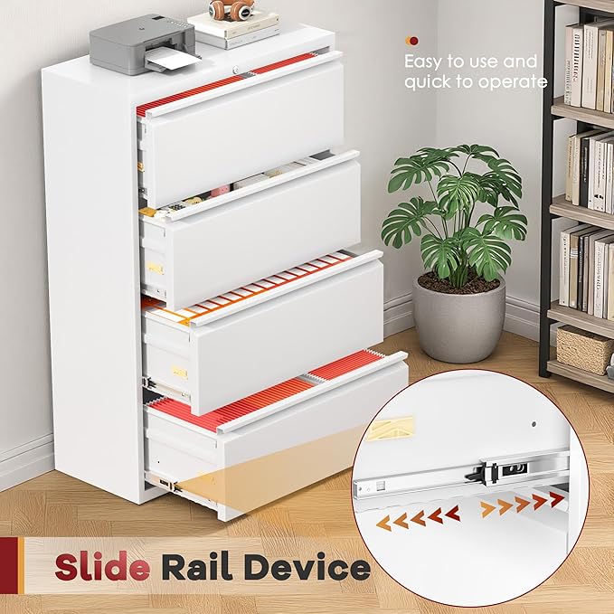 Bonusall File Cabinet, Lateral Filing Cabinet, 4 Drawer Metal File Cabinet with Lock, Lockable Filing Cabinet for Home Office, Hanging Files Letter/Legal/A4/F4 - White