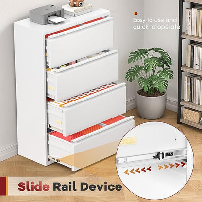 Bonusall File Cabinet, Lateral Filing Cabinet, 4 Drawer Metal File Cabinet with Lock, Lockable Filing Cabinet for Home Office, Hanging Files Letter/Legal/A4/F4 - White