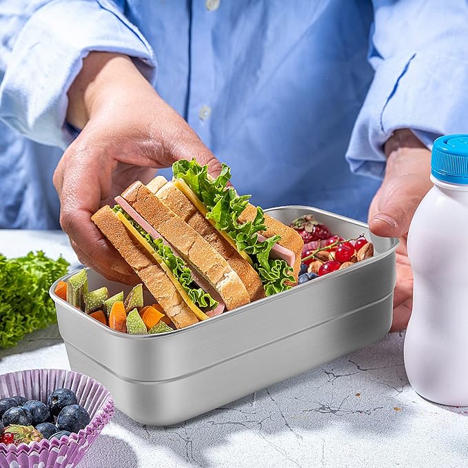 Stainless Steel Lunch Box for Kids | Leak Proof 304 Stainless Steel Snack Containers with Silicone Lids - Perfect Metal Food Containers Set for Kids and Toddlers (25oz+8oz*2)