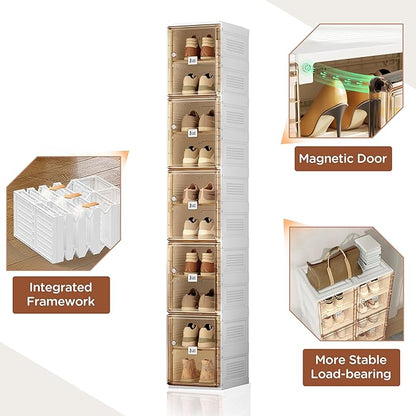 ANTBOX Shoe Organizer Storage Box, Portable Folding Shoe Rack For Closet With Magnetic Clear Door,Large Sneaker Cabinet Bins Sturdy Easy Assembly 10 Layers-10 Grids