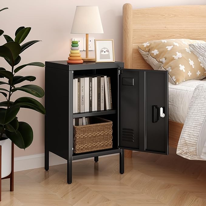 24.4" H Metal Locker Storage Cabinet with Adjustable Shelf, 1 Door Small Storage Cabinet with Adjustable Leveling Foot for Home,Office, Kids Locker,Assembly Required,Balck
