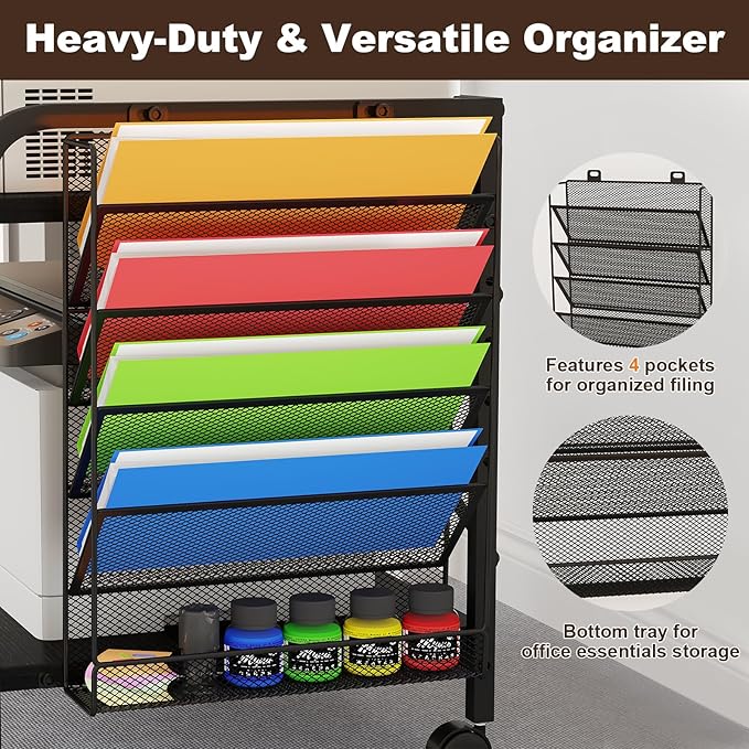 EasyCom Large Printer Stand with File Holder Organizer, Adjustable Height Shelf with Wheels, Rolling Printer Cart with Storage for Printer Scanner Fax Home Office Use Black